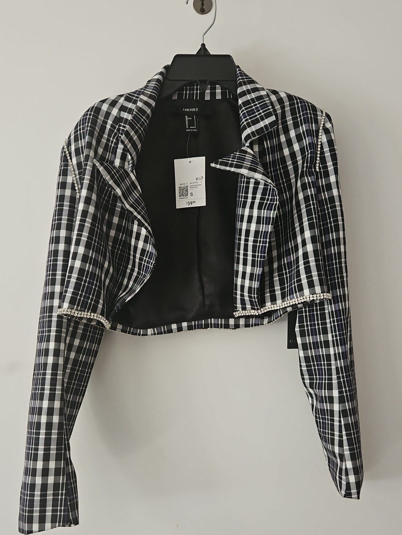 Forever 21 Black & White Plaid Cropped Blazer With Rhinestone Trim